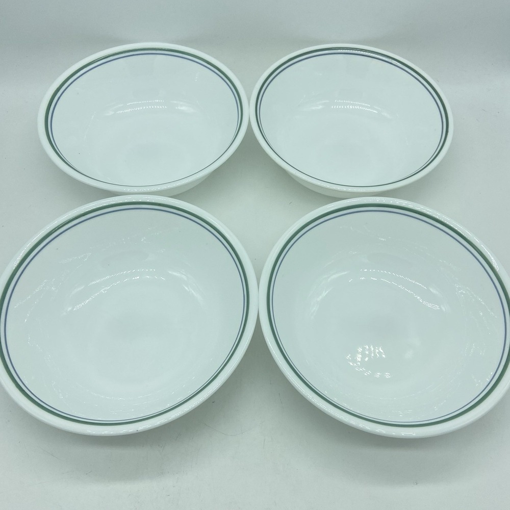 Corelle Country Cottage‎ Blue Green Stripe Cereal Bowls 6 1/4" Set Of 4 Vintage